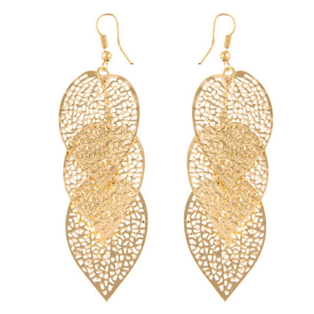 Nwt Womens 3 Tiered Large Gold Tone Leafs Earrings - Picture 1 of 2